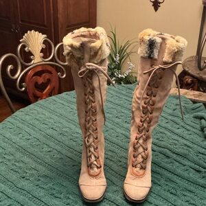 Via Spiga Beige Lace-Up Boots with Faux Fur